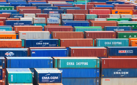Miami,Florida-July 3,2017: Container terminal at Port of Miami is one of the largest cargo ports in the United states of Americaのeditorial素材