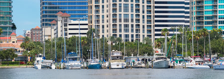 June 22. 2020. Panoramic view of the St. Petersburg municipal Marina in Downtown St. Petersburg, Florida, USA.のeditorial素材