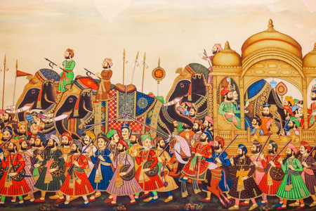 Traditional Indian painting on the walls of Kolkata, West Bengal, Indiaの写真素材