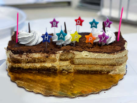 Close up view of multi layer birthday cakeの写真素材
