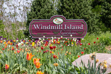 Windmill Island gardens sign at the entrance in Holland, Michigan during spring time.の写真素材