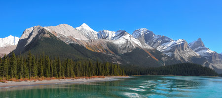 Canadian rocky mountains along Lake Maligne in Jasper national park, Canada.の写真素材