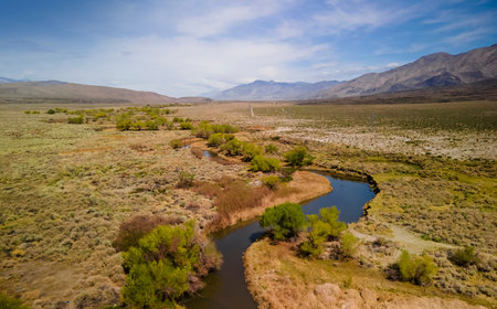 Aerial view of Scenic Owens Valley landscape in California , Winding Owens river through the valley.の写真素材