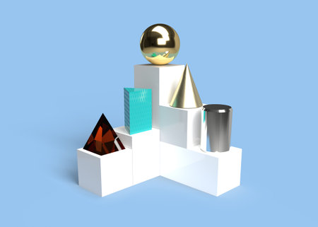 3d illustration of different standard shapes on blue background.の写真素材