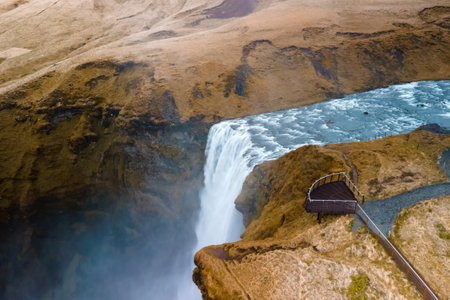 Majestic Skogafoss Waterfall on Skoga river in Iceland, aerial shotの写真素材
