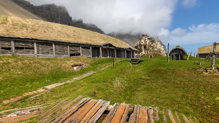 Traditional icelandic home ruines near Vestrahorn in eastern Icelandの写真素材