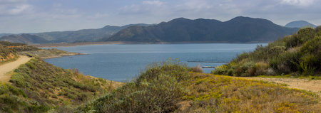 Panoramic view of Diamond Valley lake and reservoir in California.の写真素材