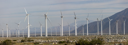 Wind turbines for electric power production, Zaragoza Province, Aragon, Spain.の写真素材