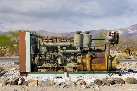 Death Valley National Park, CA, USA - April 4, 2022: Old rusty diesel engine at display for visitors in Death Valley national park, Californiaのeditorial素材