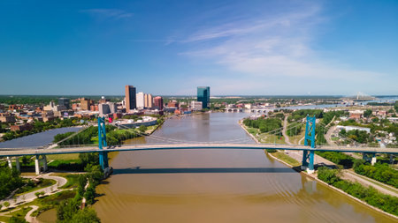 Toledo, Ohio, USA - July 23, 2022: View of The Anthony Wayne bridge in downtown Toledo, Ohio, USA, is a famous landmark in Toledo city.のeditorial素材