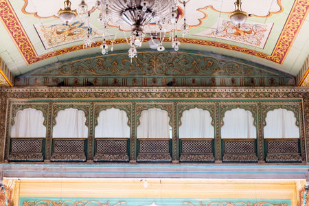 MYSORE, KARNATAKA, INDIA - November,3,2022: Interior of Audience Hall with artwork of the Mysore Maharaja palace also known as Amba Vilas Palace, built in 1912 by Wadiyar kings.のeditorial素材