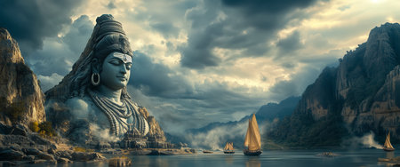 Beautiful Buddha statue on the background of the sea and mountains.の素材