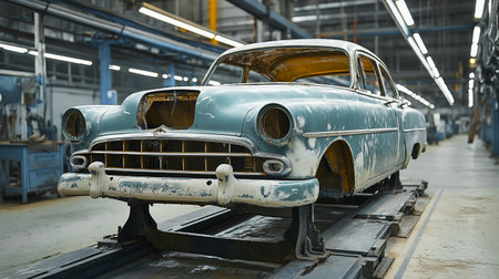 Old american car on a conveyor belt in a car factoryの素材
