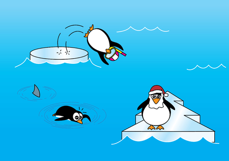 christmas penguins on the ice and in the water cartoonのイラスト素材