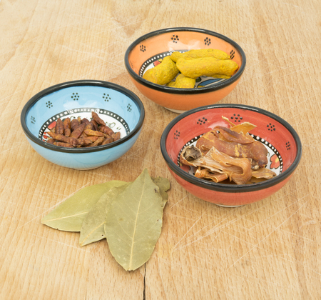 Turkish ceramic bowls with spicesの写真素材