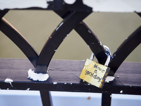 Symbolic love padlocks fixed to the railings of Purple People Bridge in Cincinnatiのeditorial素材
