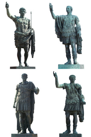 Four Roman Emperors statues (Augustus Caesar, Julius Caesar,Nerva and Trajan). Bronce, isolated on...