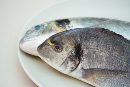 Two gilthead (dorada) fishes, raw in a plate.