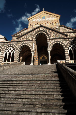 Facade of Saint Andrews cathedral or Cattedrale di S.Andrea in Amalfi covered with Byzantine mosaics, Amalfi, Amalfi coast, Unesco world heritage,Italyの写真素材