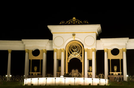 New modern square in almaty, kazakhstan, at nightの写真素材
