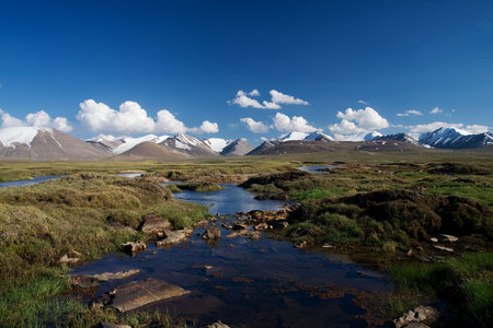 Snow, ice, mountain, nature, grass, stone, cloud, waterの写真素材