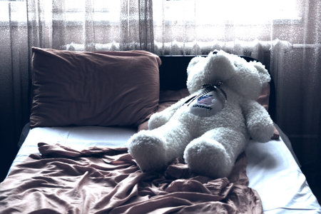 On the straightened bed the teddy bear liesの写真素材