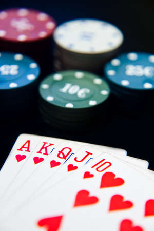 On cards the higher combination royal flush, rate poker chipsの写真素材