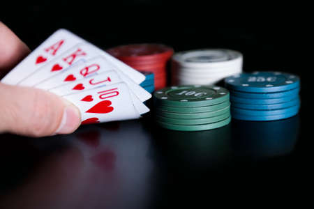 On cards the higher combination royal flush, rate poker chipsの写真素材