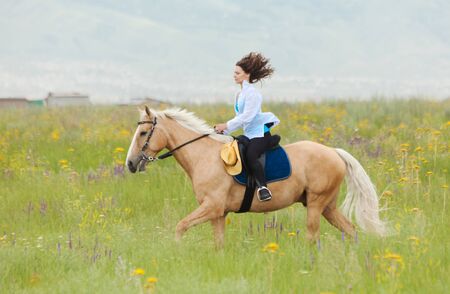The girl skips on a green field on the horseの写真素材