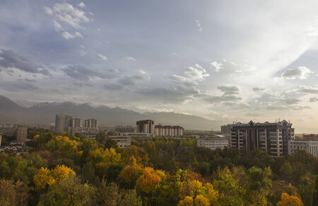 View of the city from the window, autumn, yellow leavesの写真素材
