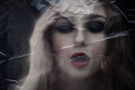 Young beauty sad woman trapped behind a plastic sheet as protection against COVID-19. Nicely fits...