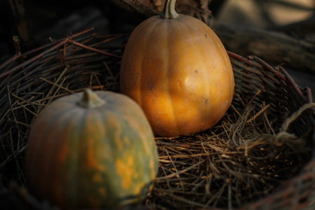 Fresh pumpkins in a wicker basket