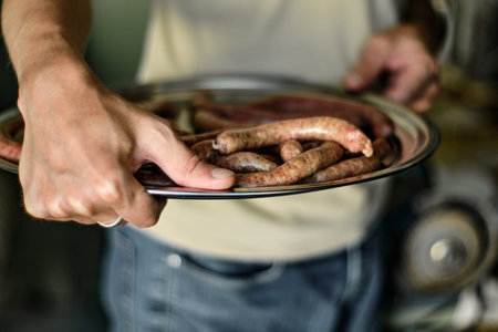 The guy carries raw sausages for the grill in a deep plate, close up shotの写真素材