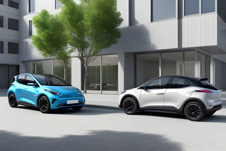Electric car in the yard among new buildings, realistic, highly detailed, lifestyle, generative aiの素材