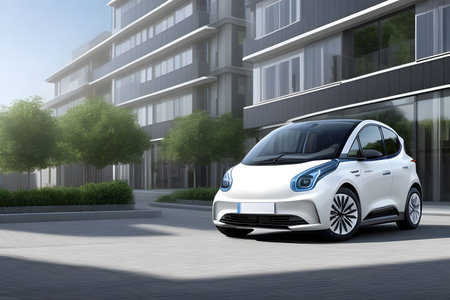 Electric car in the yard among new buildings, realistic, highly detailed, lifestyle, generative aiの素材