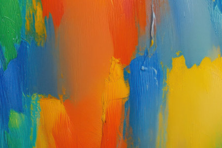 Oil paint texture with brush and palette knife strokes. Multi colored wallpaper. Macro close up acrylic backgroundの素材