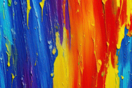 Oil paint texture with brush and palette knife strokes. Multi colored wallpaper. Macro close up acrylic backgroundの素材