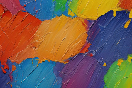Oil paint texture with brush and palette knife strokes. Multi colored wallpaper. Macro close up acrylic backgroundの素材