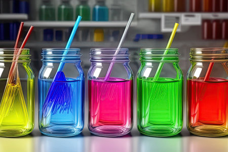 Jars with colored liquids in the laboratory, realisticの素材