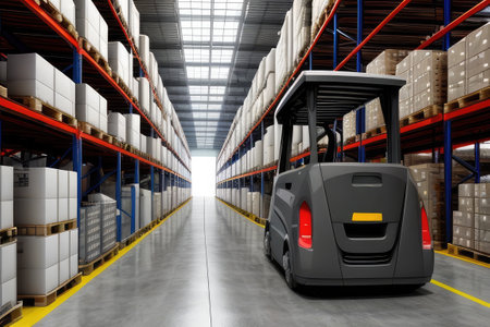 Modern high tech innovative warehouse logistics displayed through automation, robotics and artificial intelligenceの素材
