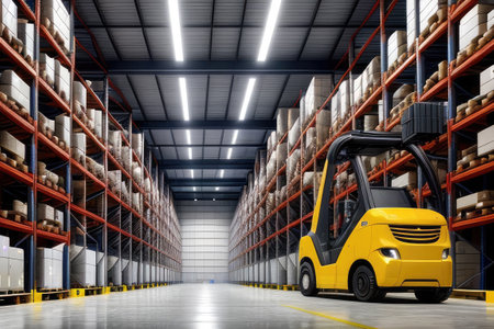Modern high tech innovative warehouse logistics displayed through automation, robotics and artificial intelligenceの素材