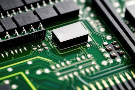 Tree growing on the converging point of computer circuit board. Green computing, Green technology, Green ITの素材