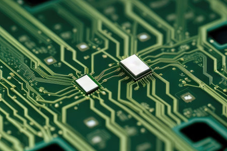 Tree growing on the converging point of computer circuit board. Green computing, Green technology, Green ITの素材