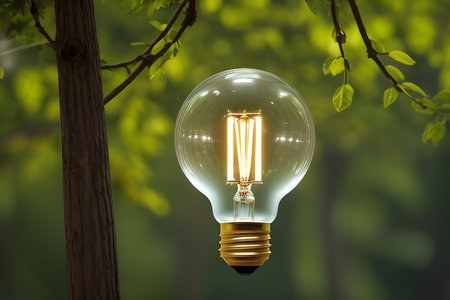 Inside an electric light bulb a tree, against the background of electric mills and solar panelsの素材