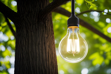 Electric light bulb inside a tree, against the background of electric mills and solar panelsの素材