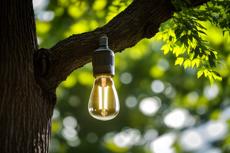Electric light bulb inside a tree, against the background of electric mills and solar panelsの素材