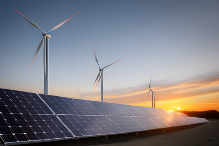 Renewable energy concept. windmil and solar cell panel on blue sky during the sunsetの素材