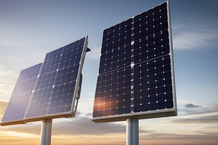 Renewable energy concept. windmil and solar cell panel on blue sky during the sunsetの素材