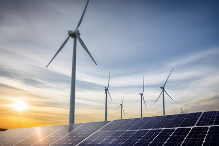 Renewable energy concept. windmil and solar cell panel on blue sky during the sunsetの素材