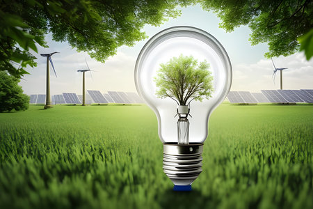 Inside an electric light bulb a tree, against the background of electric mills and solar panelsの素材
